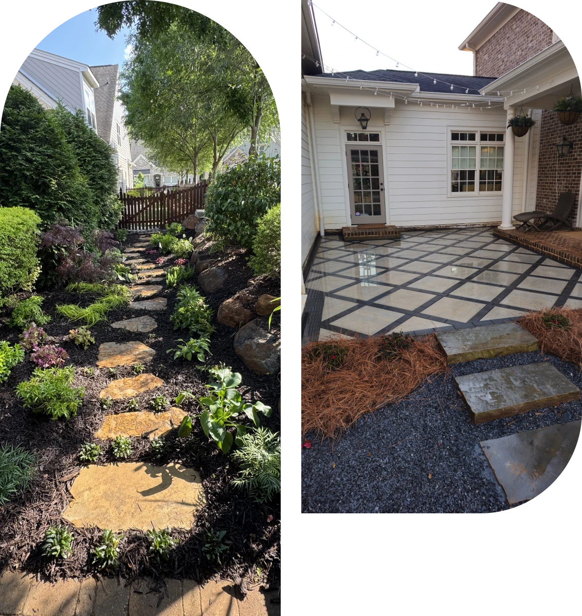 Landscaped garden and patio contrast